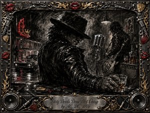 A shadowy, leather-clad figure dominates a smoky rock-and-roll bar, gripping a whiskey glass beside a vintage microphone and guitarist. Charcoal-black textures, metallic chrome, muted gold, and sharp red accents create a dangerous nocturnal mood. Neon reflections, muscle car, amplifier, guitar picks, and ornate musical framing intensify the gritty atmosphere.