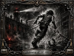 A lone fugitive charges through a storm-dark prison yard as shattered chains whip behind him. Deep charcoal textures, smoky grays, black steel, and glowing red windows create a fierce, rebellious mood. Searchlights slash through rain and haze, while barbed wire, guards, guitar-inspired metalwork, and an engraved frame intensify the dramatic rock atmosphere.