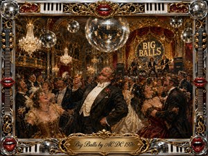 An opulent ballroom erupts with theatrical rock-and-roll excess as elegantly dressed revelers laugh and toast beneath enormous mirrored disco balls and crystal chandeliers. Warm gold, black, silver, and crimson dominate the richly detailed oil-painted scene. Ornate guitars, piano keys, chrome, red lips, and a gilded title plate frame the jubilant spectacle.