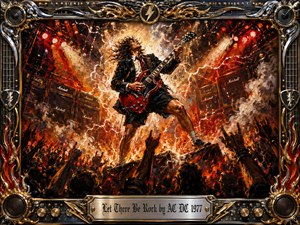 A ferocious guitarist dominates a blazing concert stage, framed by towering amplifiers, lightning, smoke, and raised crowd silhouettes. Fiery reds, molten oranges, black shadows, and metallic gold create explosive energy beneath harsh spotlights. Thick oil-painted textures heighten the motion, while the ornate chrome-and-gold musical frame adds theatrical rock grandeur.