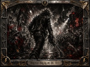 A lone leather-clad guitarist strides through a chaotic urban alley as snarling dogs and a hostile crowd close in. Deep charcoal textures, blackened steel, crimson sparks, and harsh white spotlights create a fierce, confrontational mood. An ornate metal-and-gold frame, guitar strings, barbed wire, and engraved title plate complete the gritty rock aesthetic.