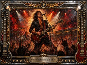 A fiery hard-rock concert erupts around a leather-clad guitarist and singer commanding the stage beneath blazing red, orange, and white spotlights. Thick oil-painted textures heighten the raw, rebellious energy, while roaring crowds, drums, amplifier stacks, flames, and smoke surround him. An ornate chrome-and-gold guitar frame completes the dramatic composition.