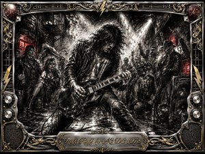 A fierce guitarist dominates a gritty urban rock scene, surrounded by rebellious onlookers, speakers, bottles, cables, and smoky stage light. Deep charcoal textures, stark black-and-white contrasts, flashes of red, and ornate chrome-and-gold framing create a raw, chaotic mood. The engraved title plate anchors the dramatic composition.