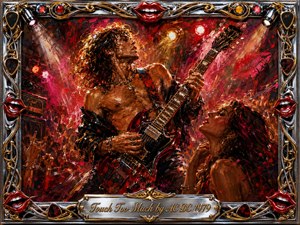 A feverish rock guitarist dominates a packed concert scene, surrounded by ecstatic fans and saturated crimson, black, and amber tones. Explosive stage lights and thick painterly strokes create a sensual, electric atmosphere. An ornate chrome-and-gold frame, decorated with red lips and guitar picks, surrounds the image, with an engraved title plate below.