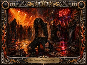 A defeated rocker kneels on a rain-slicked street outside a blazing concert venue, surrounded by fiery orange light, shadowy crowds, neon signs, and scattered instruments. Rich oil-painted textures, deep blacks, crimson reds, and molten gold create a gritty, dramatic mood. An ornate metal-and-guitar frame reinforces the hard-rock atmosphere.