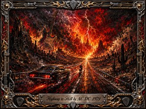 A fiery highway races toward a blazing inferno beneath a stormy red-black sky, flanked by cheering silhouettes, speakers, and towering guitars. A black muscle car and lone motorcyclist charge forward through molten reflections. Dramatic orange lightning, dense oil-painted textures, and an ornate chrome-and-gold rock-themed frame create a fierce, rebellious atmosphere.