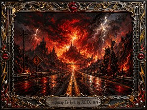 A blazing highway cuts through a volcanic wasteland beneath a turbulent crimson-black sky, glowing with fire and lightning. Thick oil-painted textures create fierce motion and heat, while molten reflections shimmer across wet pavement. An ornate chrome-and-gold rock-themed frame surrounds the scene, crowned with red lips, guitar details, flames, and an engraved title plate.