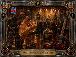 A richly textured roadhouse bar erupts with hard-rock energy as a raised whiskey glass dominates the foreground beside bottles and a crimson electric guitar. Warm amber stage lights illuminate a roaring crowd and live band, while neon signs, polished chrome, gold filigree, and dark wood create a gritty, celebratory oil-painted atmosphere.
