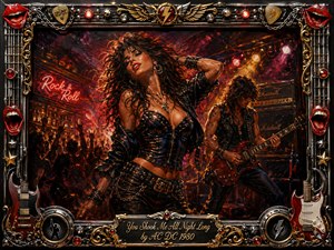A fiery rock concert erupts around a confident leather-clad dancer and electric guitarist, framed by roaring amplifiers, cheering silhouettes, neon signs, and blazing stage lights. Deep reds, blacks, golds, and chrome create a charged nighttime atmosphere. Painterly textures, dramatic highlights, guitars, speakers, chains, and sculpted red lips intensify the rebellious energy.