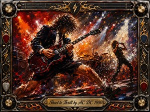 A fierce guitarist dominates a blazing concert stage, crouched beneath explosive red, orange, and white spotlights as a singer and drummer perform behind him. Thick, energetic brushwork gives the scene an acrylic-painted intensity. A metallic frame of strings, picks, flames, knobs, and gold accents surrounds the electrifying, hard-rock composition.