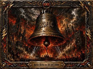 A colossal weathered bell dominates a fiery concert arena beneath a storm-black sky split by lightning. Blazing reds, molten orange, bronze, and charcoal create an ominous, electrifying mood. Heavy-metal imagery, guitars, amplifiers, chains, flames, and cheering silhouettes surround the stage, framed by riveted steel, gold detailing, and engraved ornamentation.