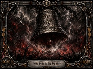 A massive weathered bell dominates a storm-dark concert scene, suspended above a roaring crowd and distant rock band. Lightning splits smoky charcoal clouds while fiery red embers glow below, creating an ominous, electrifying mood. Ornate black metal framing, guitar strings, speakers, flames, and gold accents complete the dramatic gothic hard-rock composition.