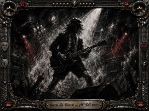 A shadowed guitarist dominates a smoky concert stage, framed by roaring amplifiers, raised hands, and dramatic white spotlights. Deep charcoal blacks, silvery grays, and sharp red accents create a fierce, rebellious mood. The heavily textured artwork resembles expressive charcoal painting, surrounded by an ornate metal-and-guitar-themed frame with an engraved title plate.