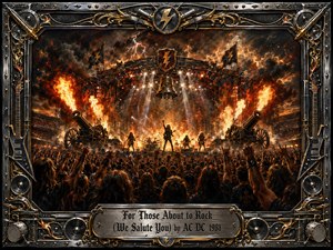 A thunderous stadium rock concert erupts beneath stormy skies, with blazing pyrotechnics, twin cannons, brilliant spotlights, and a silhouetted band commanding an immense cheering crowd. Fiery oranges, smoky blacks, chrome, and gold create a dramatic palette. Detailed painterly realism is enclosed by an ornate metallic guitar-themed frame and engraved title plate.
