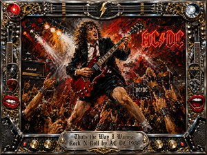 A fiery rock concert erupts around a guitarist in a schoolboy-style outfit, framed by roaring crowds, drums, amplifiers, and blazing stage lights. Bold reds, blacks, chrome, and gold dominate the energetic oil-painted scene. An ornate musical frame with strings, knobs, picks, lips, and engraved title plate heightens the rebellious spectacle.