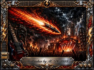 A fiery projectile streaks across a storm-darkened sky toward a blazing outdoor rock concert, framed by an electric guitar, towering speakers, lightning, flames, and cheering silhouettes. Rich reds, oranges, black, chrome, and gold create an explosive mood. Dramatic lighting and textured painterly detail give the scene intense hard-rock energy.