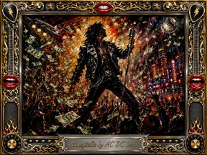 A commanding rock singer grips a vintage microphone amid a blazing nighttime concert as banknotes swirl through smoky air above an ecstatic crowd. Fiery orange, black, gold, and neon tones create a lavish, rebellious mood. Thick oil-paint textures, dramatic stage lighting, chrome ornamentation, red lips, guitar motifs, and an engraved frame complete the composition.
