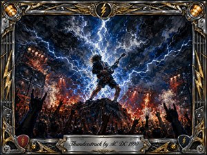 A lone electric guitarist commands a storm-lashed concert stage, silhouetted against explosive blue-white lightning and fiery orange pyrotechnics. A roaring crowd raises hands beneath towering speaker stacks and dramatic spotlights. Thick, energetic oil-paint textures heighten the electrified mood, while an ornate chrome-and-gold frame and engraved title plate complete the powerful rock composition.