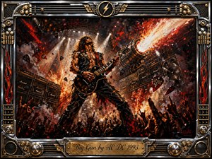 A fierce guitarist dominates a blazing concert stage, surrounded by towering amplifiers, roaring flames, sparks, and raised crowd silhouettes. Fiery reds, molten oranges, black, chrome, and gold create an explosive mood beneath harsh white spotlights. The richly textured painted scene is enclosed by an elaborate metallic guitar-themed frame and engraved title plate.