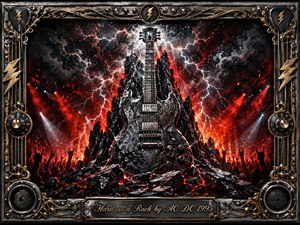 A monumental electric guitar carved from jagged black rock rises amid a blazing concert landscape, surrounded by lightning, sparks, and fiery red stage light. A silhouetted crowd raises their hands below, creating a fierce, triumphant mood. Ornate chrome-and-gold framing, amplifier knobs, speaker grilles, guitar picks, and engraved details reinforce the heavy rock aesthetic.