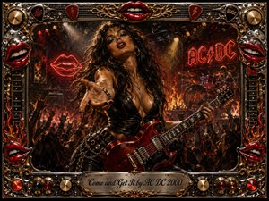 A fierce rock guitarist reaches toward the viewer amid a blazing concert crowd, gripping a glossy red electric guitar beneath fiery stage lights. Rich reds, blacks, chrome, and gold dominate the textured oil-painted scene. Ornate lips, guitar hardware, flames, and amplifier details frame the seductive, high-voltage composition.