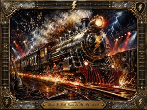 A thunderous steam locomotive charges through a fiery concert landscape, surrounded by lightning, smoke, blazing rails, guitars, speakers, and stage lights. Rich blacks, crimson reds, molten oranges, and metallic gold create an explosive mood. Detailed oil-paint textures, dramatic highlights, and an ornate music-themed frame amplify the hard-rock energy.