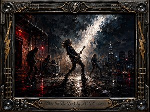 A lone guitarist commands a rain-slicked nighttime stage as bandmates emerge through shadow, smoke, and crimson light. Thick oil-paint textures heighten the explosive, electric mood, while a brilliant white burst cuts through stormy blues and blacks. An ornate chrome-and-gold musical frame surrounds the scene, finished with an engraved title plate.