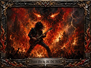 A lone guitarist stands amid an inferno, framed by towering flames, lightning, smoky ruins, and shadowy stage equipment. Fiery orange, crimson, black, and molten gold dominate the dramatic oil-painted scene. An ornate metal frame with guitar strings, flames, studs, and gold filigree surrounds the intense, sinister composition.