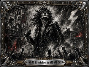 A fierce leather-clad rock singer grips a microphone amid a stormy concert scene of raised hands, motorcycles, roaring muscle cars, lightning, smoke, and flames. Deep charcoal textures dominate the gritty monochrome palette, sharpened by subtle red and gold accents. An ornate guitar-and-drum-inspired metallic frame surrounds the dramatic, rebellious composition.