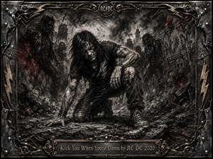 A battered rocker kneels defiantly amid a ruined, smoke-filled urban wasteland, surrounded by shattered guitars, graffiti, debris, and shadowy figures. Deep charcoal textures, blackened grays, muted bronze, and flashes of ember red create a harsh, confrontational mood. An ornate riveted metal frame and engraved title plate complete the dramatic composition.