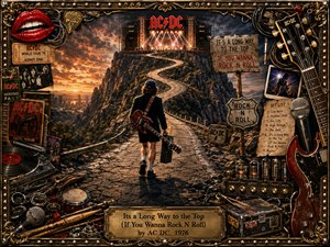 A lone young guitarist, seen from behind, climbs a winding mountain road toward a blazing summit stage, capturing the struggle and ambition of rock stardom. Warm sunset golds and fiery oranges contrast with dark stone and chrome details, while the ornate frame of instruments, tickets, posters, and gear creates a dramatic, richly textured classic-rock collage.