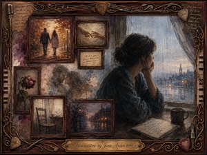 A solitary woman sits beside a rain-streaked window, surrounded by fading memories of love framed in antique rosewood. Warm sepia, muted mauve, and cool blue-gray tones deepen the melancholy mood. Painterly oil, acrylic, and watercolor textures blend photographs, roses, handwritten notes, musical details, and an ornate gold-trimmed frame.