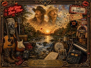 A warm, nostalgic country-rock collage frames two cowboy-hatted musicians above a glowing sunset river. Rich gold, amber, brown, and crimson tones illuminate guitars, drums, microphones, records, roses, boots, tickets, and a jukebox. Painterly textures, ornate detailing, flowing music notes, and vintage memorabilia create a romantic celebration of enduring love and music.