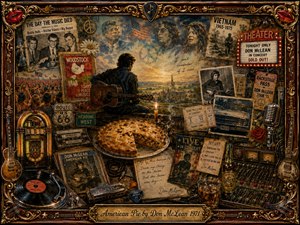 A richly detailed vintage collage captures the nostalgic spirit of American Pie, centering a lone guitarist overlooking a fading small-town sunset. Warm amber, sepia, brown, and gold tones illuminate records, concert posters, Route 66 signs, microphones, handwritten lyrics, and an apple pie, all framed in ornate musical decoration.