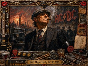A rugged man in a dark suit and cap smokes a cigar against a fiery industrial skyline, surrounded by AC DC memorabilia. Rich blacks, brass gold, deep reds, and smoky amber light create a tough, rebellious mood. The detailed oil-painted collage features guitars, records, tickets, chains, amplifiers, and an ornate rock-themed frame.
