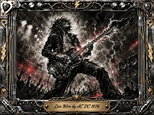A wild guitarist dominates a storm-charged concert stage, surrounded by crackling lightning, smoke, speakers, and raised crowd silhouettes. Deep feathered charcoal textures create gritty blacks and smoky grays, sharpened by white electrical flashes and restrained red accents. An ornate chrome-and-gold rock frame surrounds the dramatic, explosive composition.