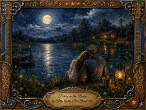 A moonlit country lake glows beneath a starry indigo sky as a couple sits close together fishing beside warm lantern light. Fireflies shimmer across grasses and reflective water, while a distant cabin and windmill add rustic charm. Rich painterly textures, deep blues, amber highlights, and an ornate musical frame create nostalgic romance.