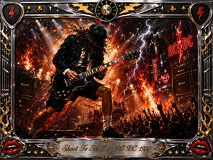 A fierce guitarist dominates a blazing concert stage, surrounded by roaring flames, sparks, lightning, amplifiers, and a cheering crowd. Deep blacks, fiery reds, glowing oranges, and metallic gold create an explosive mood. Dramatic spotlights and textured oil-paint brushwork intensify the action, framed by ornate chrome, lightning motifs, and rock-inspired details.