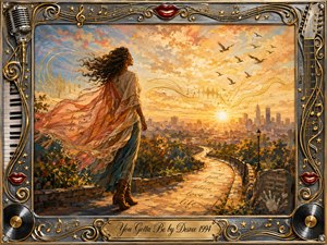 A confident woman stands on a sunlit overlook, her flowing shawl caught by the wind as a golden city sunrise unfolds beyond a winding path. Warm coral, amber, teal, and cream tones create an uplifting mood. Painterly textures, soaring birds, musical waveforms, inspirational words, and an ornate chrome-and-gold music-themed frame enrich the hopeful composition.