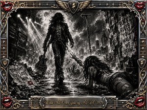 A commanding rock figure strides through a stormy concert street while a fallen woman reaches toward him amid chains, torn posters, speakers, and smoky crowds. Deep charcoal textures, sharp white spotlights, chrome, gold, and red accents create a fierce, rebellious mood, framed by ornate guitar details and a polished engraved title plate.