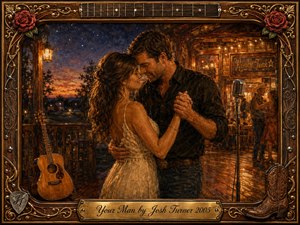 A tender couple slow-dances in a warmly lit honky-tonk at twilight, surrounded by glowing amber lights, rustic wood, an acoustic guitar, and a vintage microphone. Rich browns, golds, and deep blues create a romantic, nostalgic mood. Painterly textures, roses, guitar details, and ornate framing enhance the intimate country atmosphere.