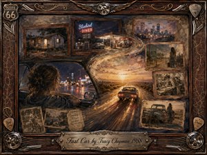 A nostalgic mixed-media collage follows a young woman and a speeding car toward a glowing horizon, surrounded by faded memories of homes, diners, city lights, and roadside journeys. Warm amber, dusky blue, sepia, and chrome tones create a wistful mood, framed by ornate rosewood, musical details, and the engraved title plate.