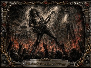 SongData_SongTitle_Hell_Aint_a_Bad_Place_to_Be_Group_AC_DC_Year_1977 A fierce guitarist dominates a blazing concert stage, surrounded by raised hands, drums, amplifiers, and smoky red embers. Deep charcoal textures, blackened metal, bronze, and glowing crimson create a dangerous, rebellious mood. Dramatic spotlights cut through the haze, while an ornate rock-themed frame and engraved title plate complete the intense composition.