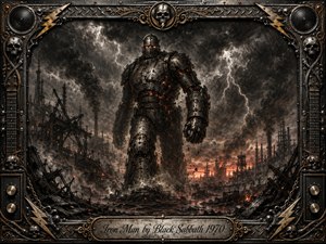 A towering iron giant strides through a ruined industrial wasteland beneath a violent storm, surrounded by smoke, sparks, lightning, and distant fire. Deep charcoal blacks, steel grays, and molten orange highlights create a grim, apocalyptic mood. An ornate riveted metal frame with skulls, guitar details, and gold accents completes the dramatic heavy-metal composition.