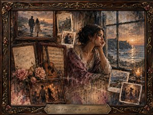 A wistful woman sits beside a rain-streaked window overlooking a stormy sea at sunset, surrounded by faded photographs, roses, sheet music, and an acoustic guitar. Warm sepia, rose, and amber tones blend with cool gray-blue shadows in a nostalgic mixed-media collage, framed by ornate rosewood and gold musical details.