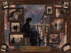 A solitary woman sits beside a rain-slicked city street, surrounded by antique rosewood frames holding faded memories of love and separation. Muted blues, mauves, sepia, and amber reflections create a wistful nighttime mood. Painterly oil, acrylic, and watercolor textures blend with ornate gold details, photographs, roses, and handwritten keepsakes.