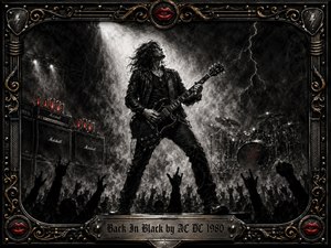 A fierce guitarist dominates a smoky concert stage, standing beneath a brilliant white spotlight as lightning cuts through the darkness. Deep charcoal textures, black leather, glowing red accents, amplifier stacks, drums, and raised crowd silhouettes create raw energy. An ornate black, chrome, and gold rock-themed frame surrounds the dramatic monochrome composition.