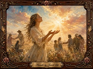 A serene woman in a flowing ivory dress raises her open hands toward radiant sunlight over a wildflower field, surrounded by people offering comfort and connection. Warm gold, dusty rose, blue, and earthy tones create a hopeful mood. Painterly textures, dramatic clouds, carved rosewood framing, roses, guitar strings, and the engraved title complete the scene.