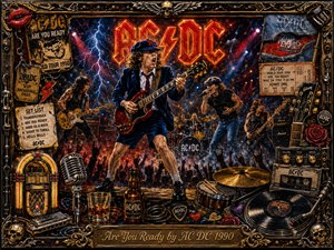A fiery rock concert erupts within an ornate gold-and-black frame, centered on a schoolboy-styled guitarist wielding a red electric guitar beneath a blazing AC DC emblem. Lightning, flames, smoke, stage lights, bandmates, cheering silhouettes, vintage tickets, records, skulls, roses, microphones, and amplifiers create a loud, dramatic painted collage.