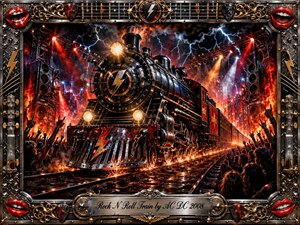 A roaring black steam locomotive charges through a fiery concert landscape, surrounded by lightning, sparks, stage lights, and cheering silhouettes. Vivid reds, oranges, chrome, and electric blues create explosive energy beneath a stormy sky. An ornate metallic rock-themed frame, decorated with guitar hardware, red lips, and gold accents, completes the dramatic acrylic-style composition.